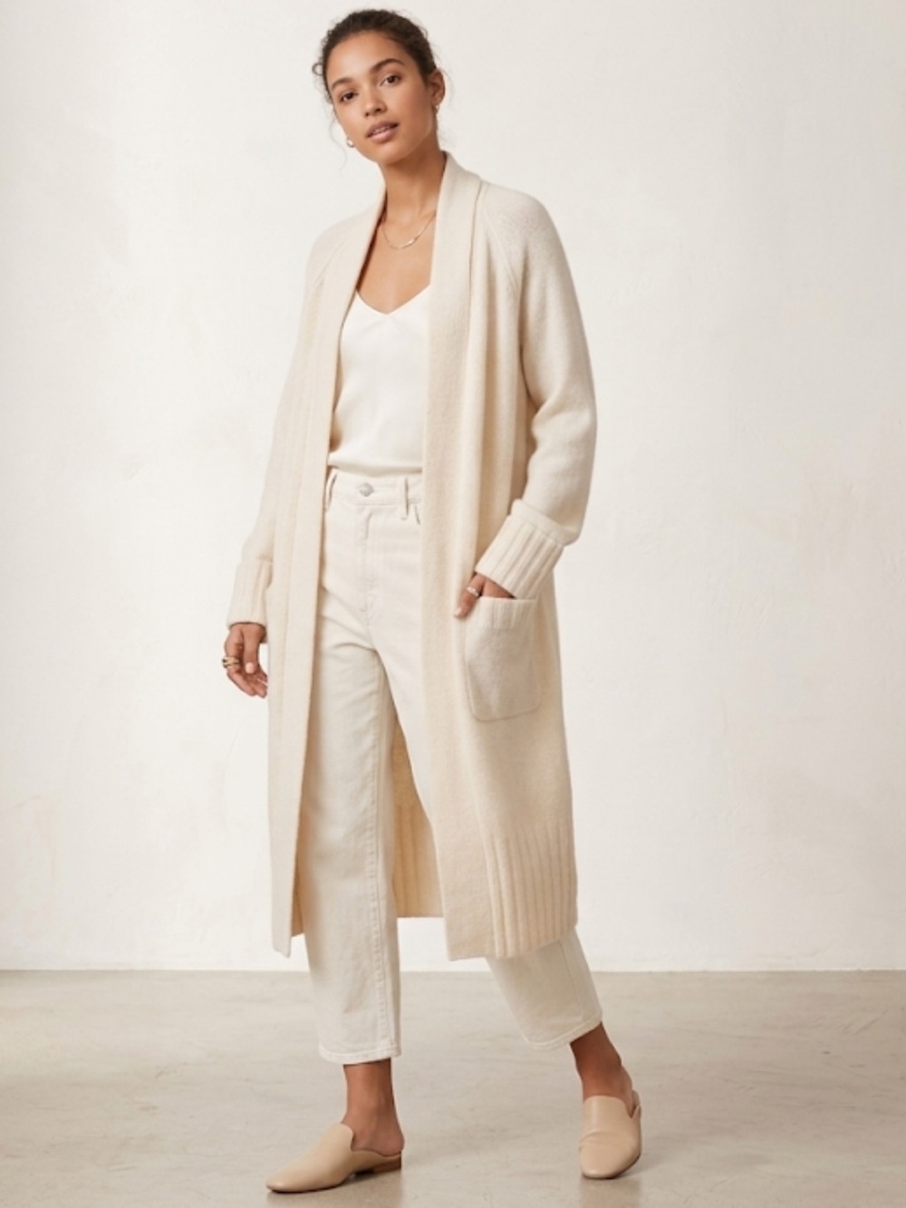 360 Cashmere Long Open Front Duster Cardigan Ivory Size X-Small